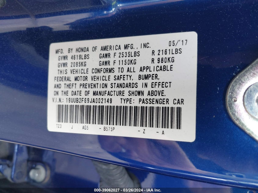 VIN 19UUB2F69JA002149 2018 ACURA TLX TECH   A-SPEC PKGS