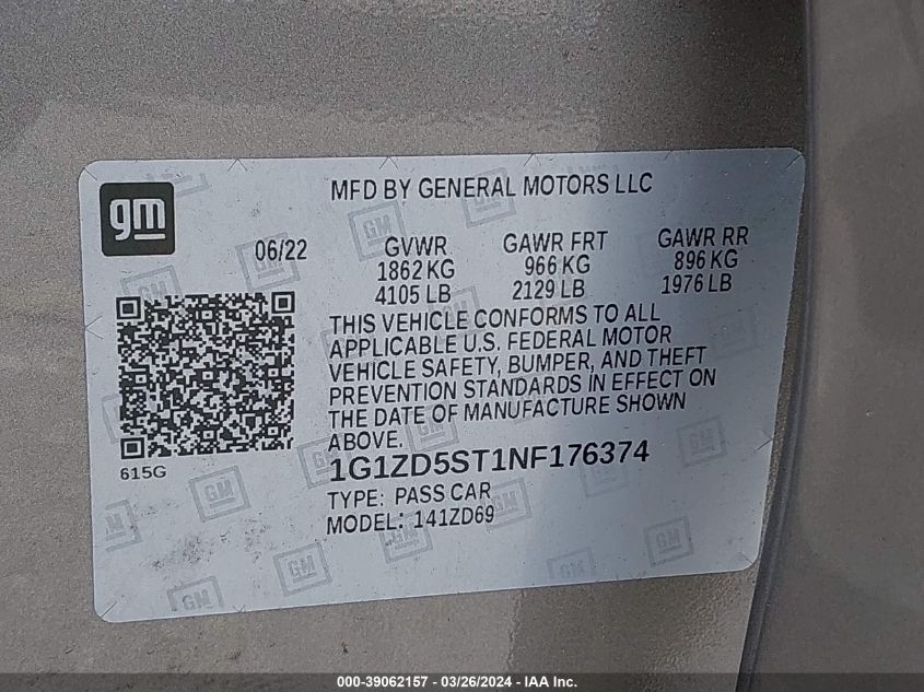 2022 CHEVROLET MALIBU LT - 1G1ZD5ST1NF176374