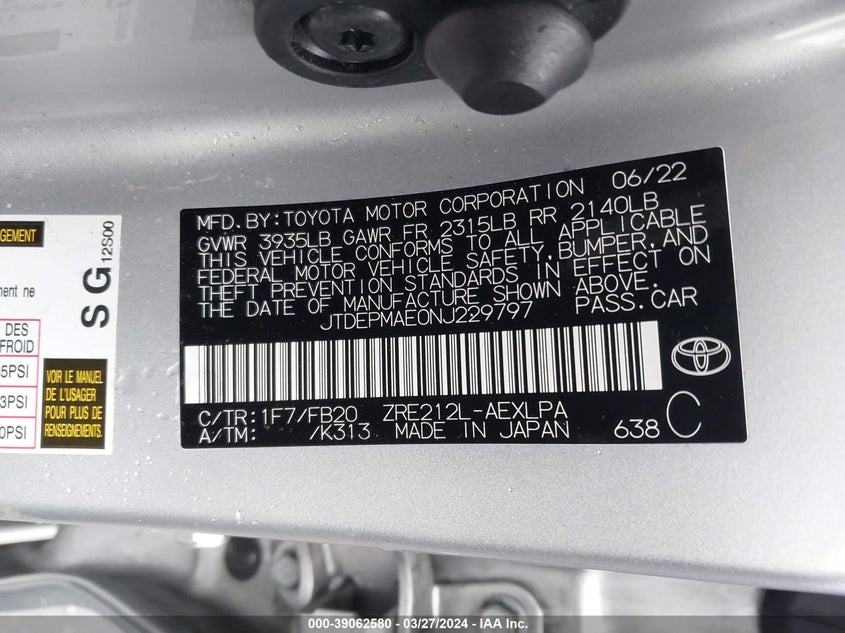 2022 Toyota Corolla Le VIN: JTDEPMAE0NJ229797 Lot: 39062580