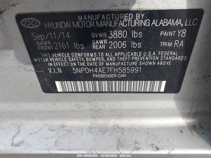 5NPDH4AE7FH585991 | 2015 HYUNDAI ELANTRA