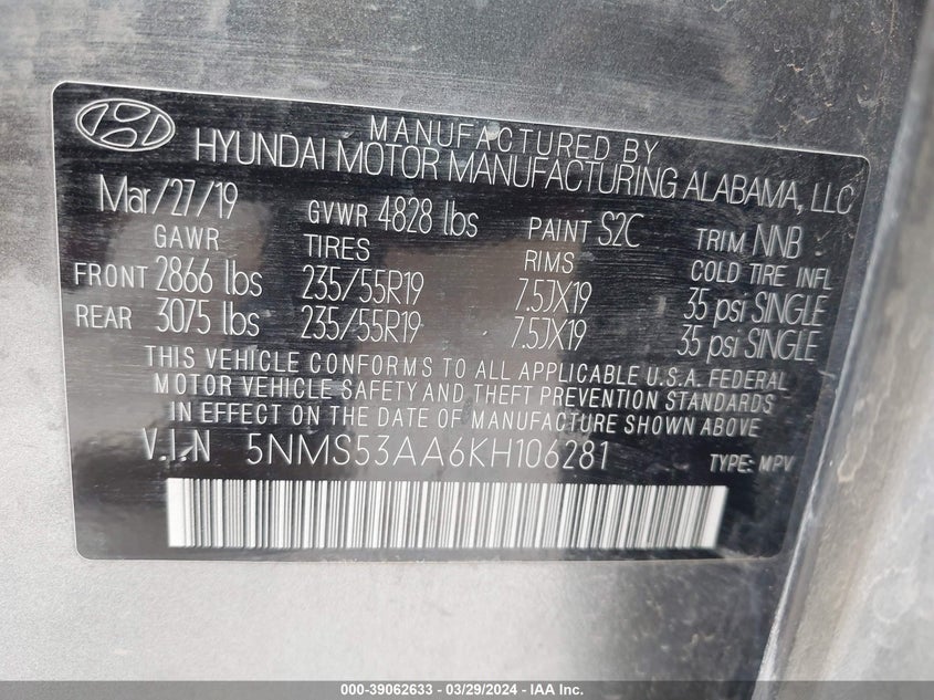 VIN 5NMS53AA6KH106281 2019 HYUNDAI SANTA FE LIMITED 2.0T