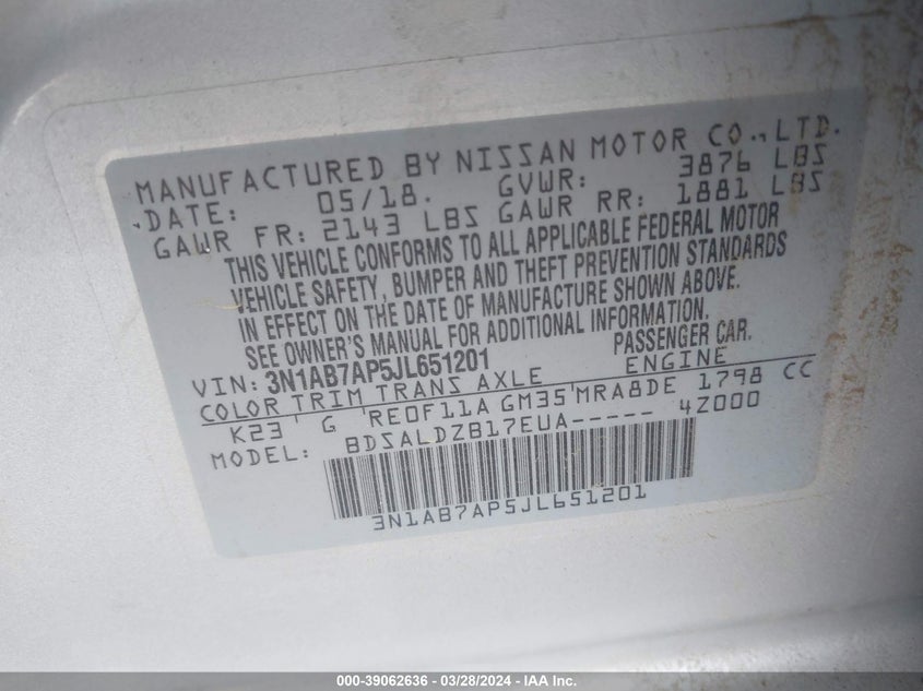 VIN 3N1AB7AP5JL651201 2018 NISSAN SENTRA SV