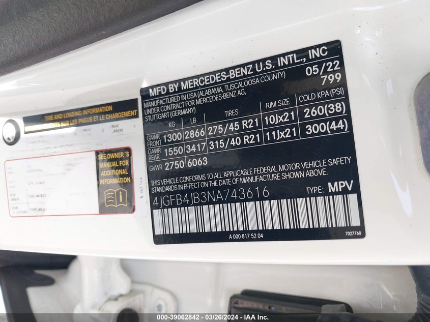 2022 MERCEDES-BENZ GLE 350 VIN: 4JGFB4JB3NA743616