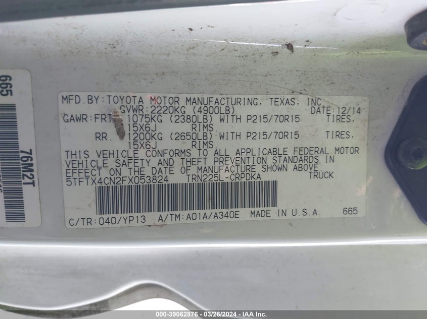 2015 TOYOTA TACOMA ACCESS CAB - 5TFTX4CN2FX053824