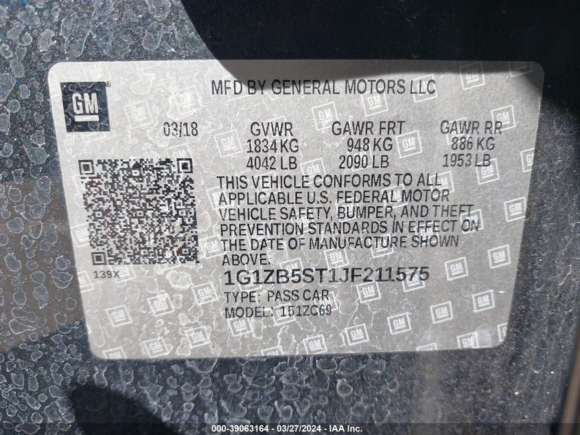 VIN 1G1ZB5ST1JF211575 2018 CHEVROLET MALIBU 1LS