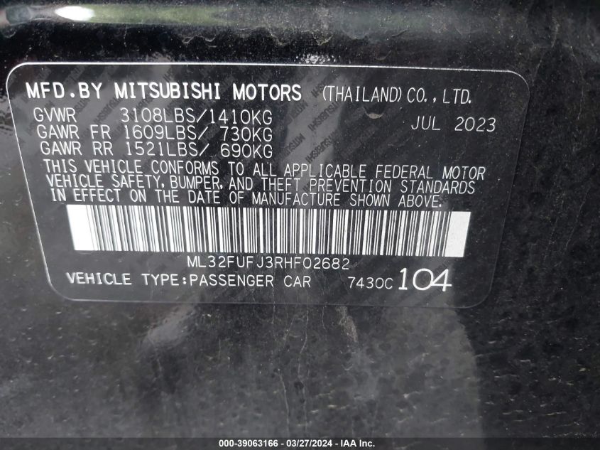 2024 Mitsubishi Mirage G4 Es VIN: ML32FUFJ3RHF02682 Lot: 39063166