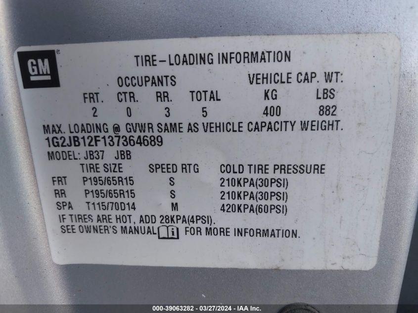 1G2JB12F137364689 | 2003 PONTIAC SUNFIRE