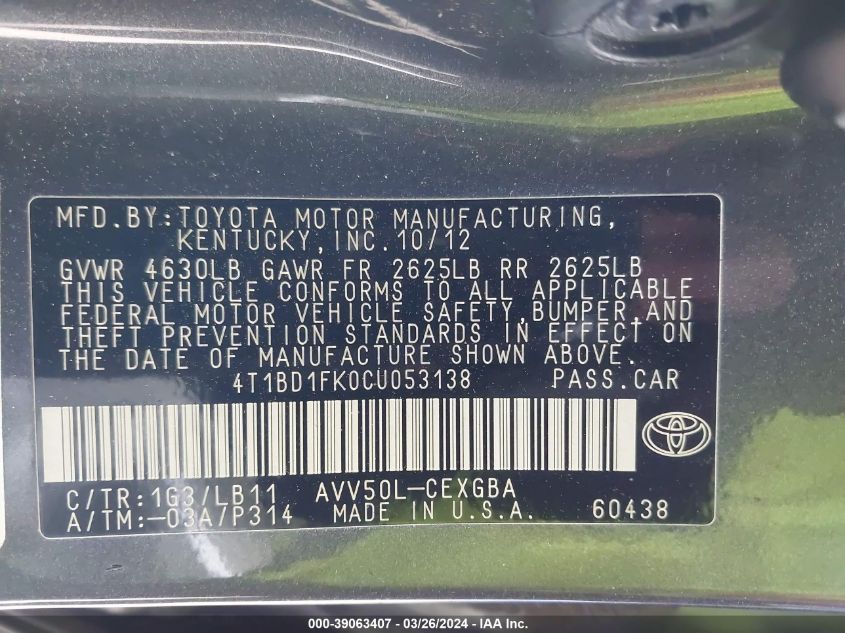 4T1BD1FK0CU053138 | 2012 TOYOTA CAMRY HYBRID