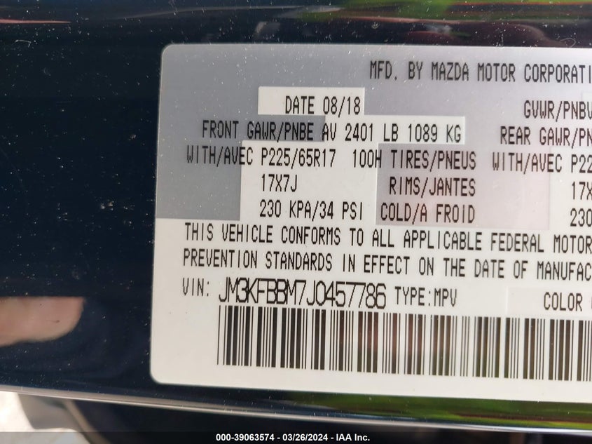 VIN JM3KFBBM7J0457786 2018 MAZDA CX-5 SPORT