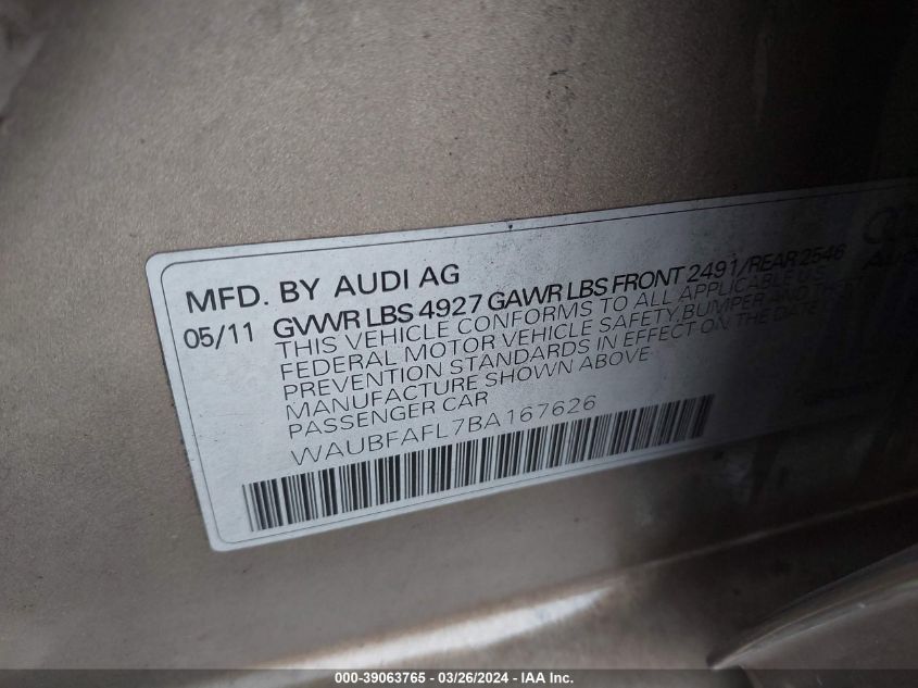 2011 Audi A4 Premium VIN: WAUBFAFL7BA167626 Lot: 39063765