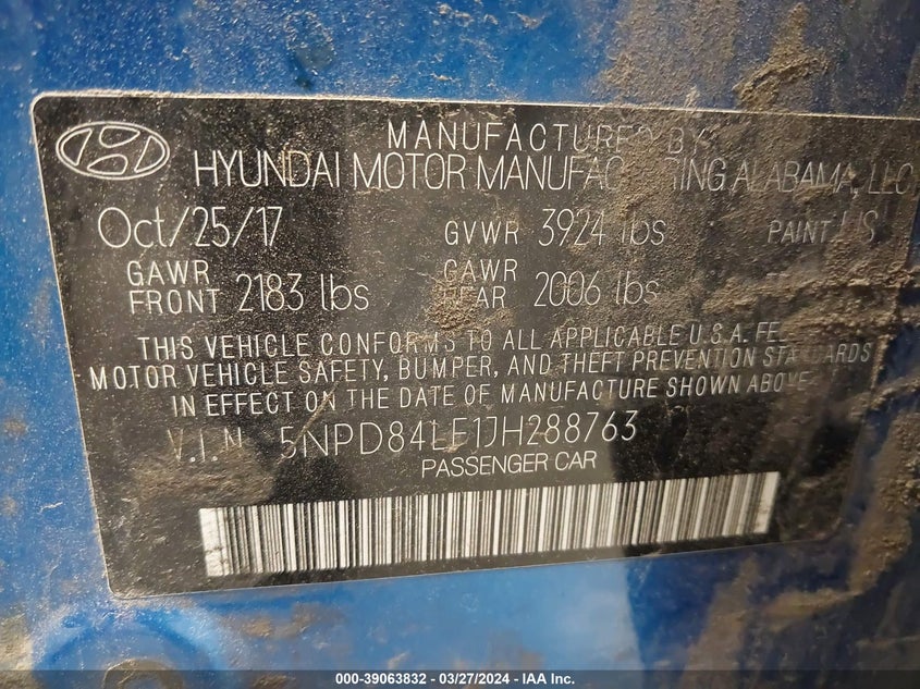 VIN 5NPD84LF1JH288763 2018 HYUNDAI ELANTRA SEL