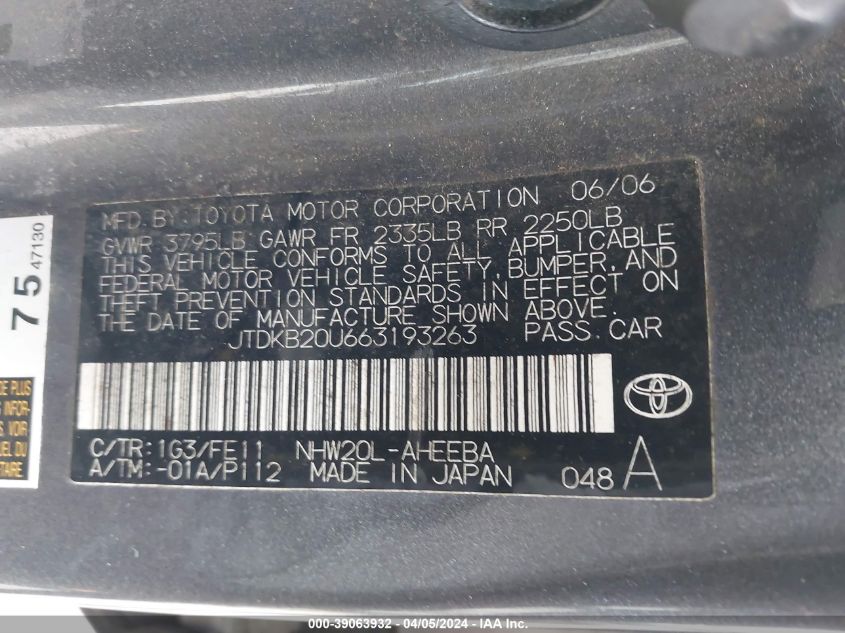 JTDKB20U663193263 2006 Toyota Prius