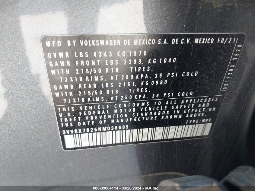 3VVRX7B25NM036685 2022 Volkswagen Taos 1.5T Se