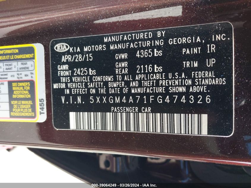 5XXGM4A71FG474326 | 2015 KIA OPTIMA