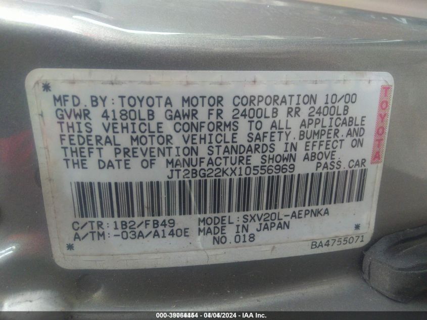 2001 Toyota Camry Le VIN: JT2BG22KX10556969 Lot: 39064454