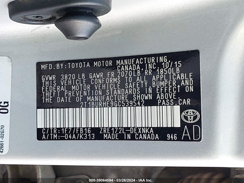 2016 TOYOTA COROLLA LE - 2T1BURHE9GC539542