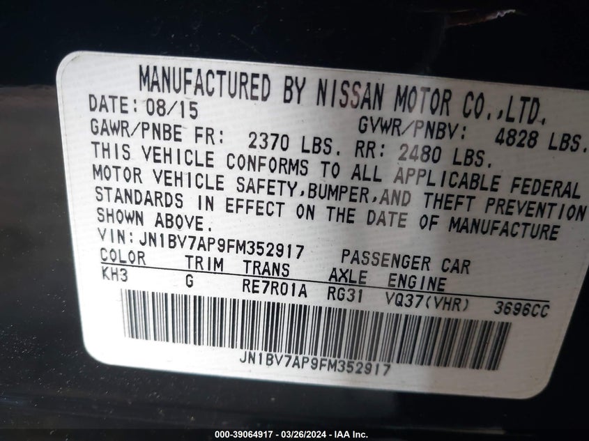 2015 INFINITI Q50 VIN: JN1BV7AP9FM352917