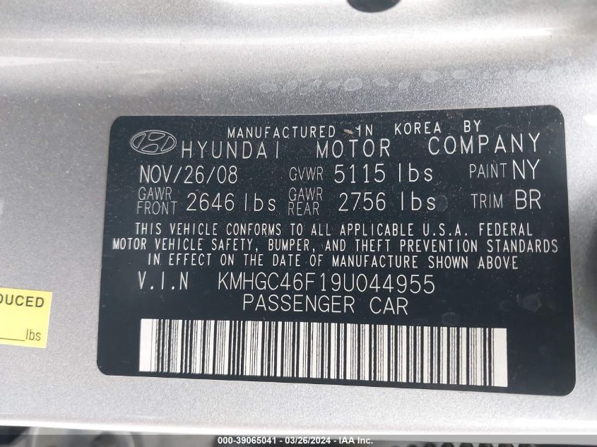 2009 Hyundai Genesis 4.6 VIN: KMHGC46F19U044955 Lot: 39065041