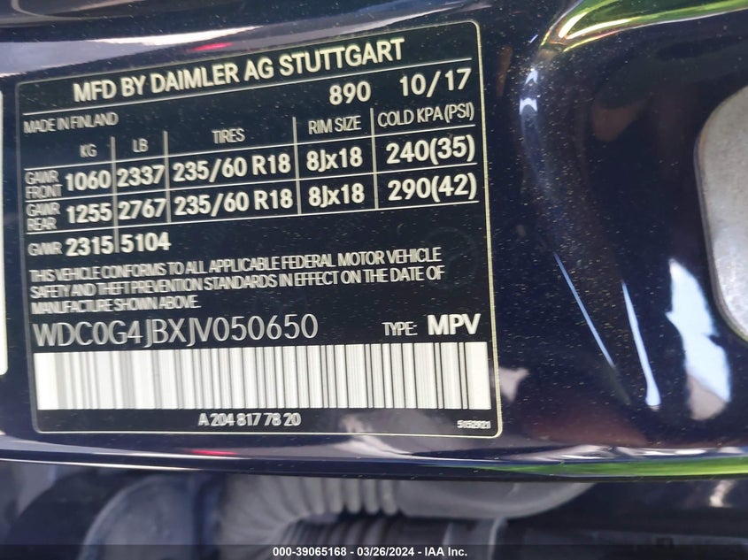 2018 MERCEDES-BENZ GLC 300 VIN: WDC0G4JBXJV050650