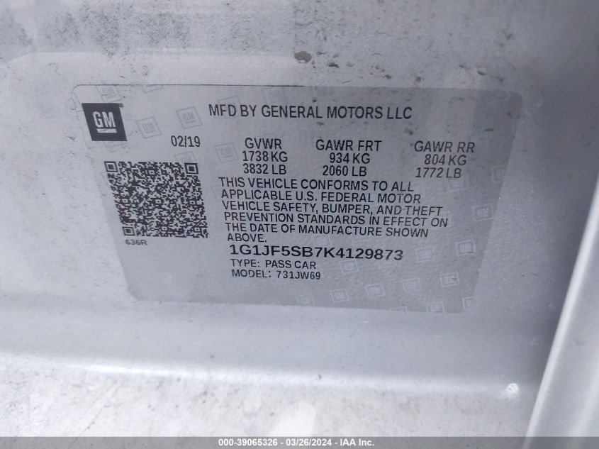 1G1JF5SB7K4129873 2019 Chevrolet Sonic Premier Auto