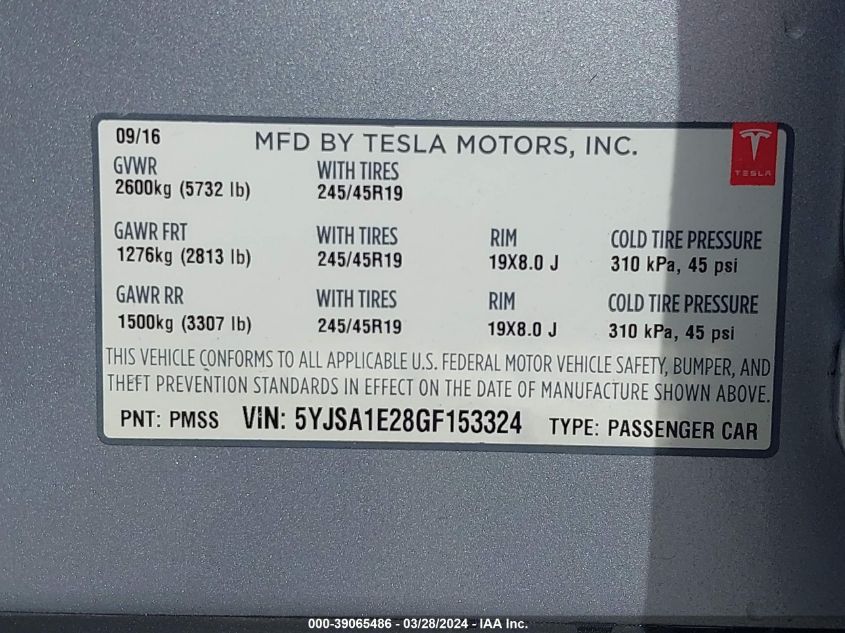 2016 Tesla Model S 60D/70D/75D/85D/90D VIN: 5YJSA1E28GF153324 Lot: 39065486