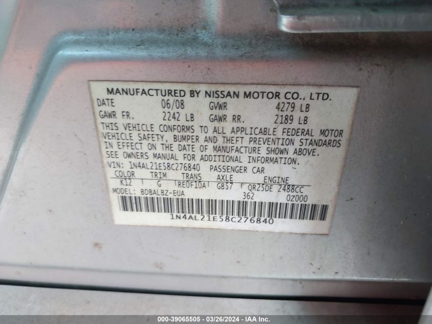 1N4AL21E58C276840 | 2008 NISSAN ALTIMA