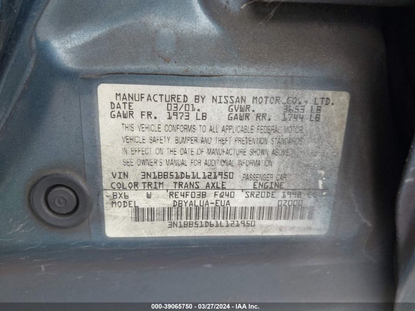 3N1BB51D61L121950 2001 Nissan Sentra Se