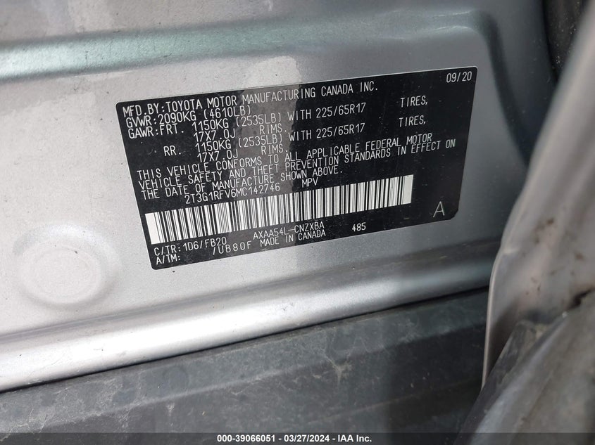 VIN 2T3G1RFV6MC142746 2021 TOYOTA RAV4 LE