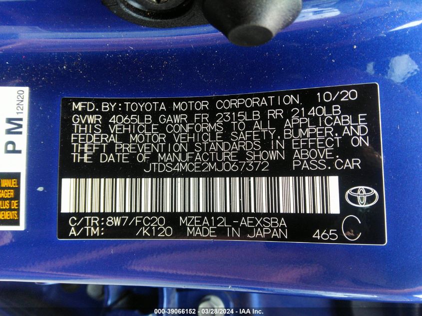 2021 Toyota Corolla Se VIN: JTDS4MCE2MJ067372 Lot: 39066152