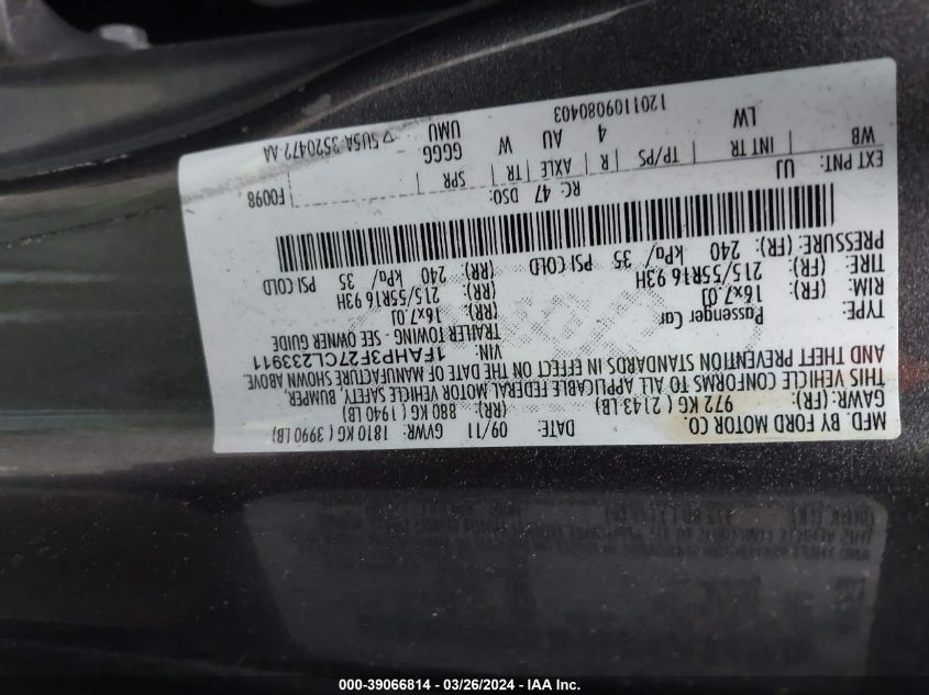 1FAHP3F27CL233911 | 2012 FORD FOCUS