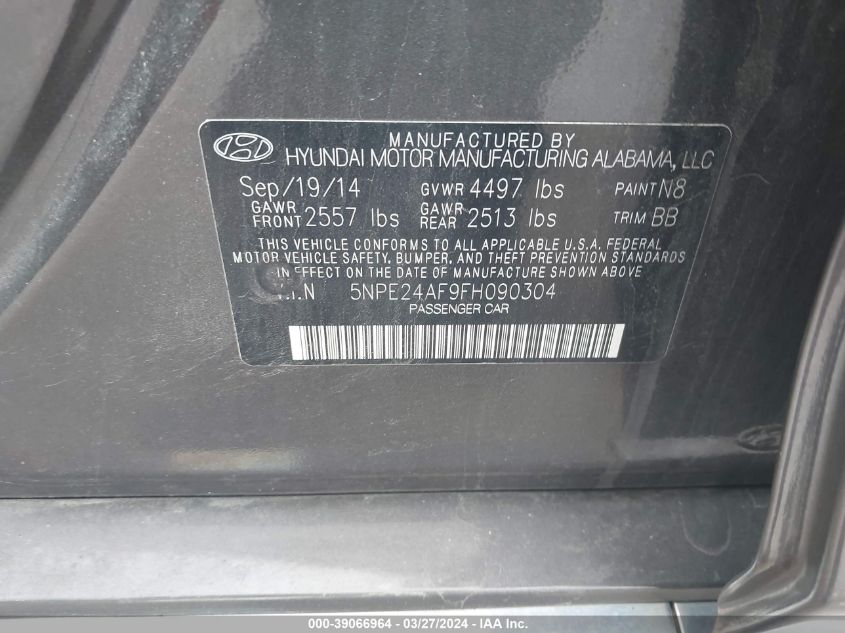 5NPE24AF9FH090304 | 2015 HYUNDAI SONATA