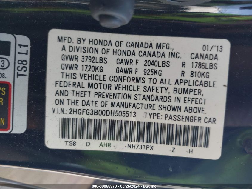 2HGFG3B00DH505513 | 2013 HONDA CIVIC