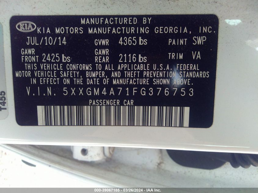 5XXGM4A71FG376753 | 2015 KIA OPTIMA