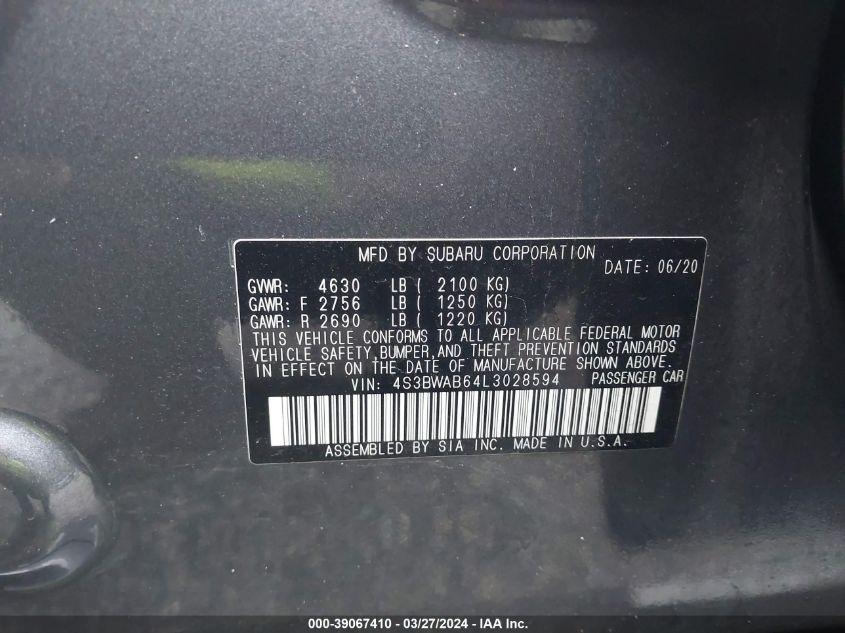 4S3BWAB64L3028594 2020 Subaru Legacy