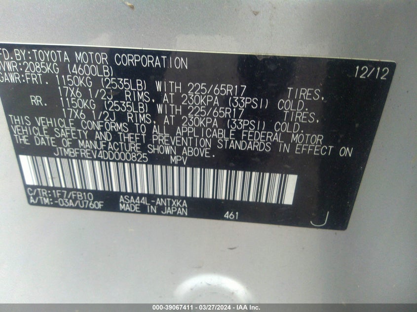 2013 TOYOTA RAV4 LE - JTMBFREV4DD000825