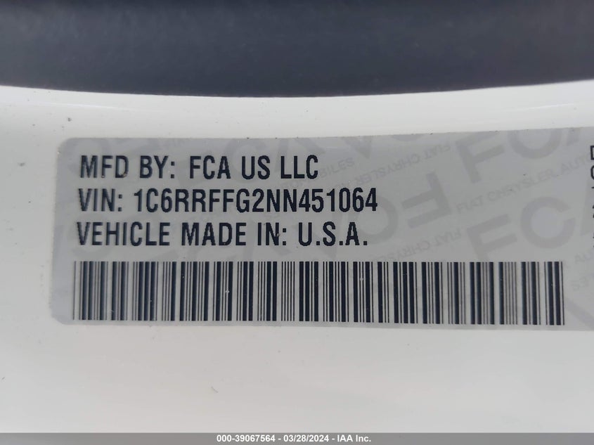 VIN 1C6RRFFG2NN451064 2022 RAM 1500 BIG HORN  4X4 "57" BOX