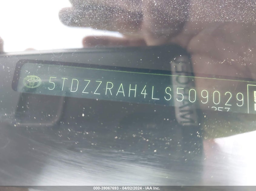 2020 TOYOTA HIGHLANDER VIN: 5TDZZRAH4LS509029