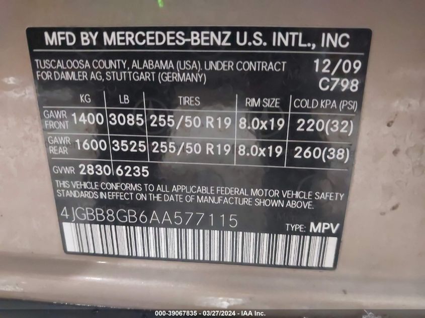 2010 Mercedes-Benz Ml 350 4Matic VIN: 4JGBB8GB6AA577115 Lot: 39067835