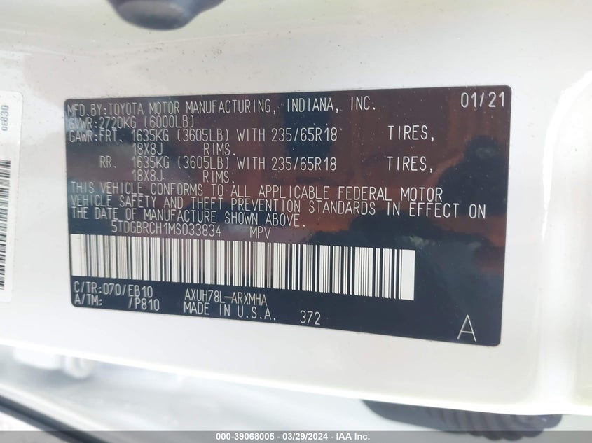 2021 TOYOTA HIGHLANDER VIN: 5TDGBRCH1MS033834