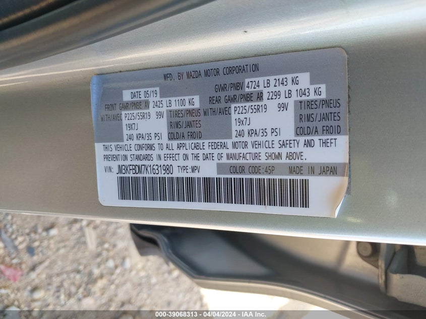 VIN JM3KFBDM7K1631980 2019 MAZDA CX-5 GRAND TOURING