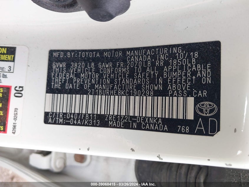 2019 TOYOTA COROLLA LE - 2T1BURHE8KC190298