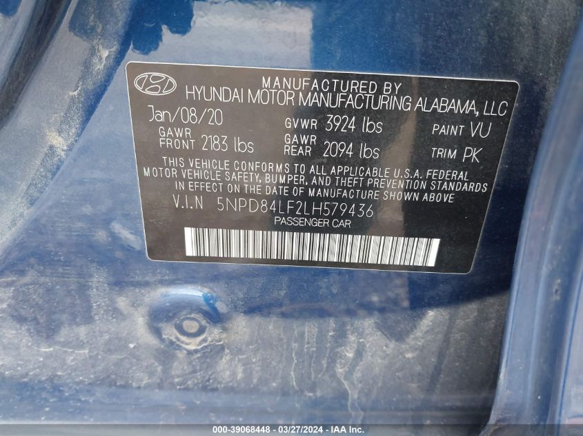 2020 Hyundai Elantra Sel VIN: 5NPD84LF2LH579436 Lot: 39068448