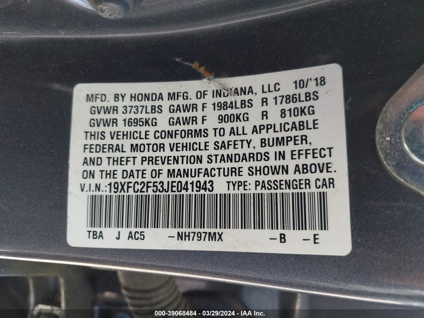 VIN 19XFC2F53JE041943 2018 HONDA CIVIC LX