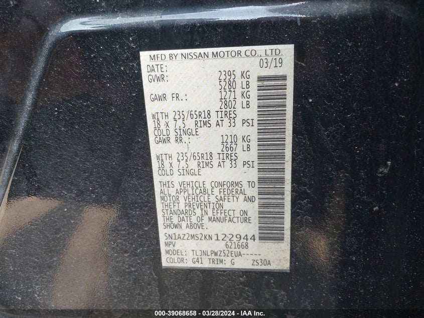 VIN 5N1AZ2MS2KN122944 2019 NISSAN MURANO S