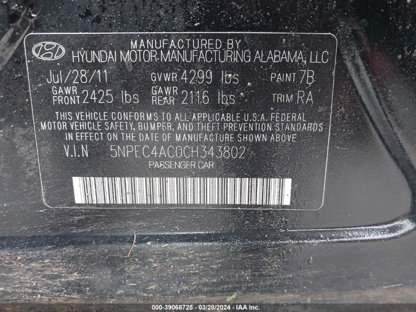 2012 Hyundai Sonata Limited VIN: 5NPEC4AC0CH343802 Lot: 39068725