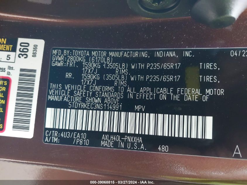 5TDYRKEC3NS114991 2022 Toyota Sienna Xle