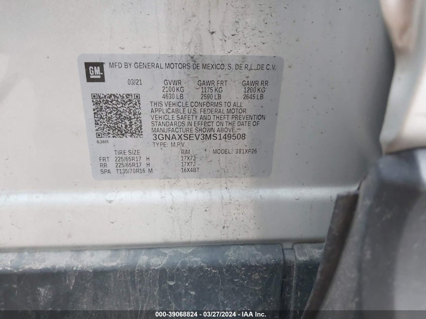 VIN 3GNAXSEV3MS149508 2021 CHEVROLET EQUINOX LS