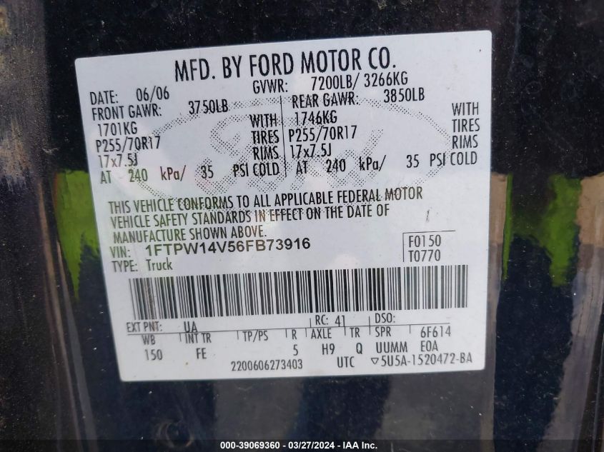 1FTPW14V56FB73916 | 2006 FORD F-150