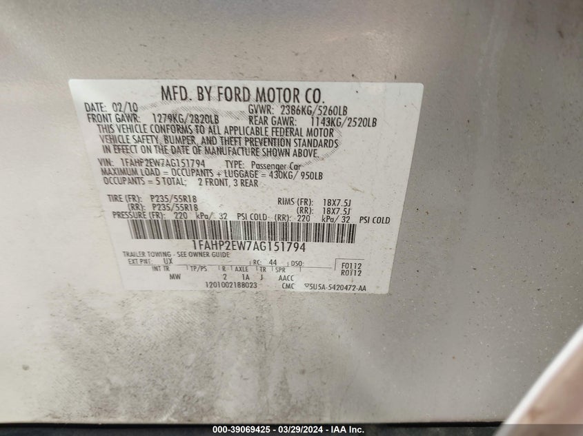2010 FORD TAURUS VIN: 1FAHP2EW7AG151794