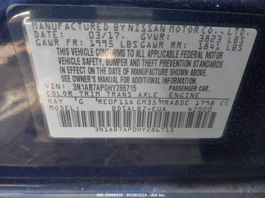 3N1AB7AP0HY286715 | 2017 NISSAN SENTRA